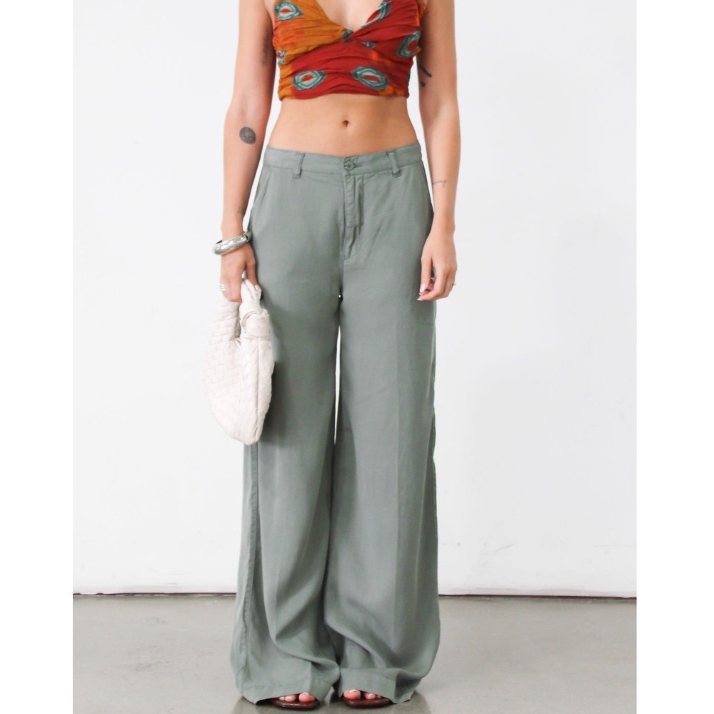 Pistola Jaydn Palazzo Pants in Olivine Green Wide Leg High Rise Cotton - 26